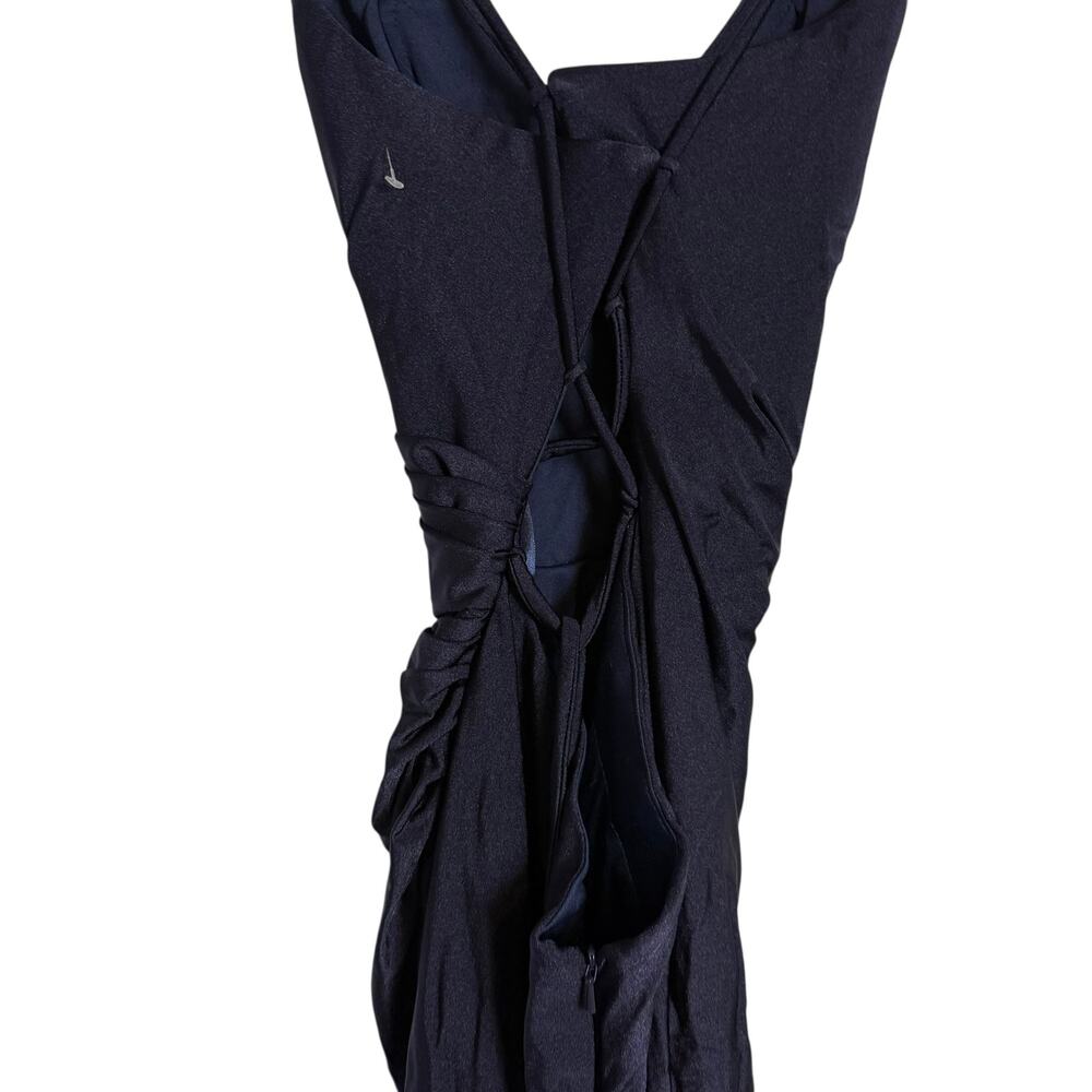 La Femme Navy Ruched Jersey V-Neck Slit Formal Gown Dress Tie Up Back Size 0 - Picture 7 of 9